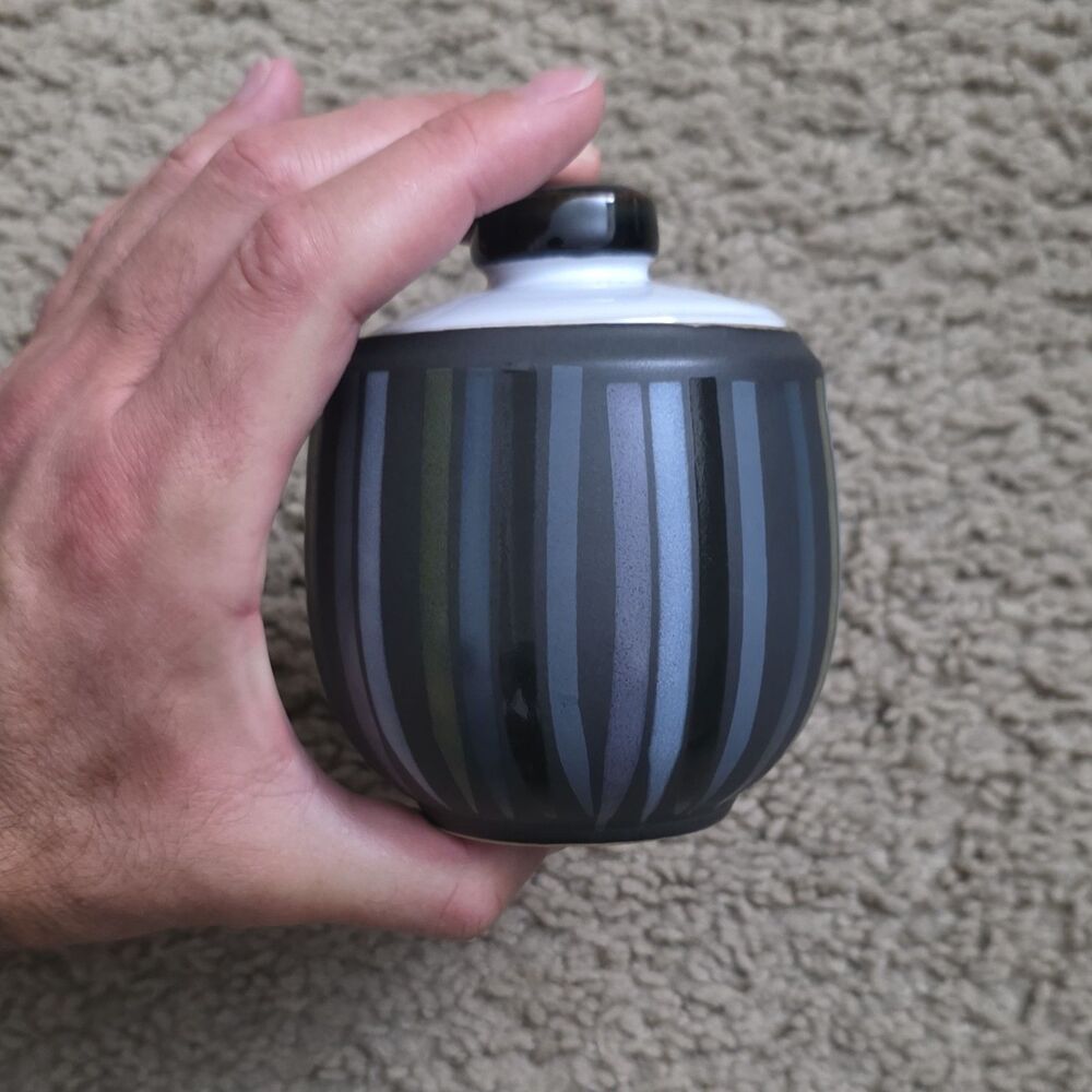 Denby Jet Stripes Covered Sugar Bowl Lidded Made in England Black Stoneware